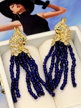 Vintage Crystal Encrusted Regal Parrot Lapis Lazuli Beaded Gold Earrings